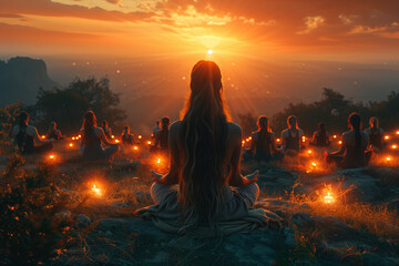 Group Meditation Under Starry Sunset Sky. Group of people meditating under a gold sunset sky, creating a serene and spiritual atmosphere.