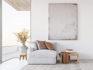 Minimalist contemporary living room interiors with minimal furniture and neutral colors. Residential Real Estate composition with copy space.