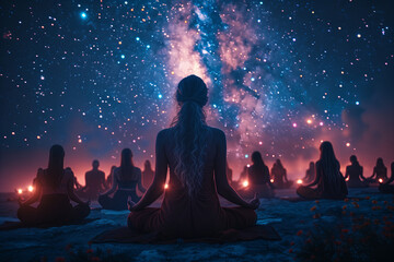 Group Meditation Under Starry Night Sky. Group of people meditating under a star-filled night sky, creating a serene and spiritual atmosphere.