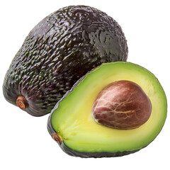 **A tropical image of an avocado and an avocado cut in half on transparent background. Ai generated 