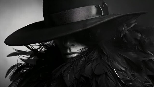 A figure dd in a cloak of feathers their face obscured by a widebrimmed hat but their sharp inquisitive eyes still visible. Black and white art