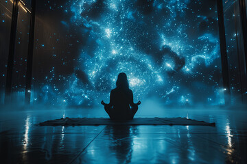 Meditative Silhouette in Cosmic Virtual Space. Silhouette of a person meditating in a cosmic virtual space filled with stars and galaxies.
