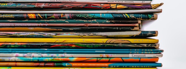 Stack of colorful comic books isolated on white background