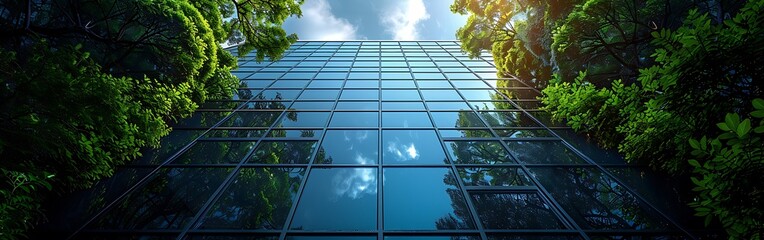  Architecture image with a modern glass building with a lot of green plants trees and bushes for business architecture environmental friendly and eco-concept 