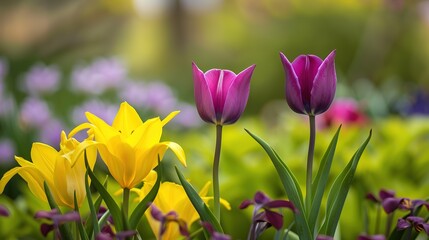 Obraz premium Blooming Beauties: Two Purple Tulips and One Yellow Lily