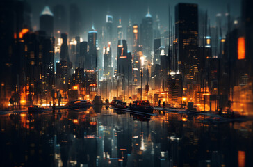 Fototapeta premium Bustling cityscape of tall buildings at night