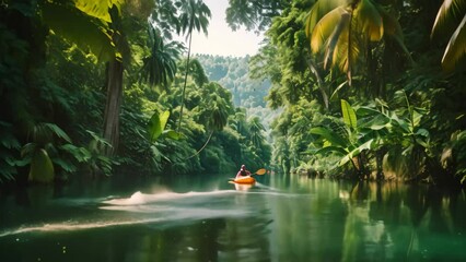 A person is paddling a canoe through a vibrant tropical jungle filled with lush greenery, Floating down a tranquil river surrounded by lush jungles