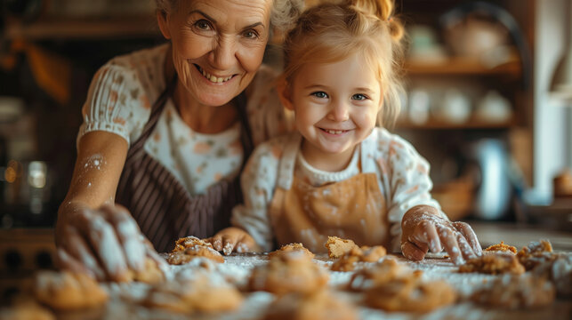 Smiling Grandmother and Granddaughter Baking Together