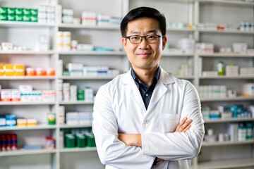 Fototapeta premium Experienced Asian Pharmacist in Pharmacy Aisle 