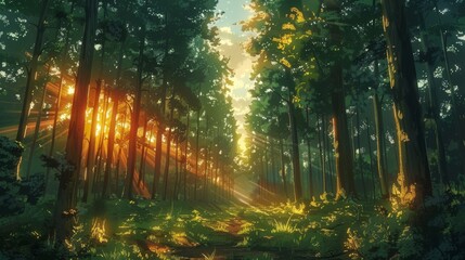 Fototapeta premium Scenic digital painting of sunlight streaming through a lush green forest with tall trees and a path leading into the distance