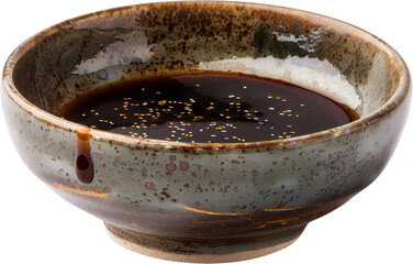 A small bowl of soy sauce with black peppercorns floating on the surface.