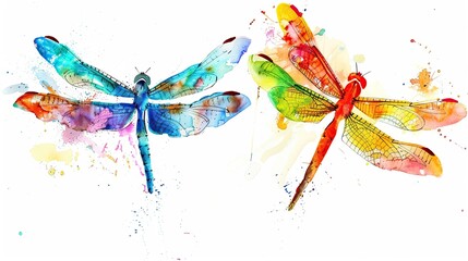 Watercolor painting of colorful dragonflies flying isolated on white background