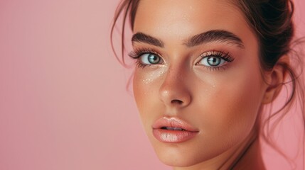Fototapeta premium Trendy Young Woman Showcases Sparkling Eye Makeup in Modern Pink Setting