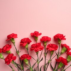 Obraz premium Red Carnations on Pink or Red Background - Beautiful Flowers for Spring - Colored Carnation - Background for Mother's Day, Woman's Day, Valentine's Day or Birthday - Space for Copy or Text
