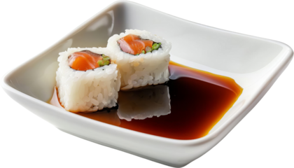 This is a photo of a plate of sushi with soy sauce. The sushi is made with white rice, salmon, cucumber and avocado.