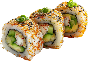 This image shows a plate of three sushi rolls