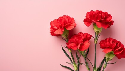 Obraz premium Red Carnations on Pink or Red Background - Beautiful Flowers for Spring - Colored Carnation - Background for Mother's Day, Woman's Day, Valentine's Day or Birthday - Space for Copy or Text