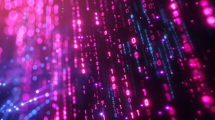 A futuristic digital abstract background featuring neon pink and blue binary code in a dark, sci-fi themed setting.