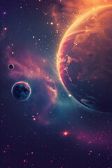 Obraz premium planet with shine stars and satelites around dark space background, orange, blue and purple, flat illustration