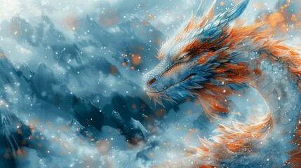 Fototapeta premium Watercolor painting of a whimsical dragon with sparkling scales, copy space banner, vintage background 