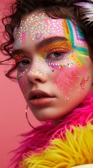 Obraz premium Striking Portrait of Young Woman with Creative Eye Makeup and Pink Background