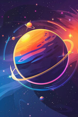 Naklejka premium planet with shine stars and satelites around dark space background, orange, blue and purple, flat illustration