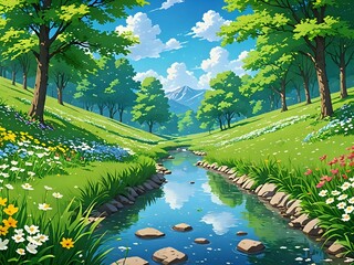 a peaceful spring landscape with blooming flowers, lush green meadows, a gentle stream, anime style 