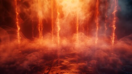 Fractal lights on a smoke filled dark floor behind an empty room very detailed and realistic shape