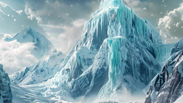 A towering mountain covered in ice and snow, creating a stark and cold landscape, Frozen progress bar stuck halfway