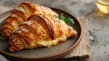 Delicious buttery flaky croissant pastry with creamy filling on plate