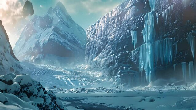 Frozen ice landscape with cascading waterfalls under cloudy skies, Frozen progress bar stuck halfway
