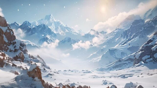 A snow covered mountain landscape with a bright sun shining in the sky, Frozen progress bar stuck halfway