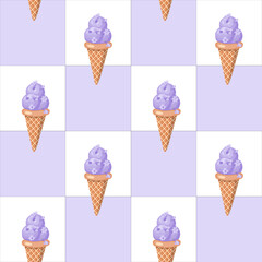 Lavender ice cream. Three scoops of creamy sweet dessert in a waffle cone. Purple sorbet. Seamless pattern. Vector illustration.