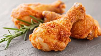 Delicious fried chicken thigh with rosemary garnish, gourmet and appetizing.