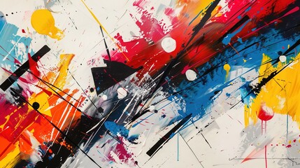 Fototapeta premium Vibrant Abstract Art with Geometric Figures and Colorful Paint Splatters