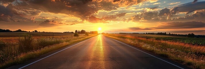 Obraz premium Sunrise Road, Summer Sunny Highway, Journey Landscape, Way to Sunlight Horizon, Copy Space