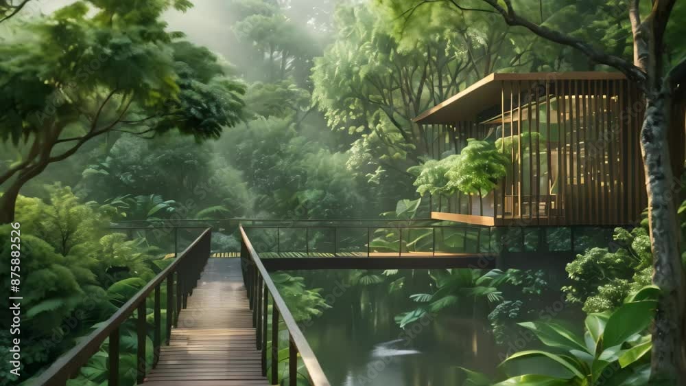 Poster Jungle Walkway Leading Through Lush Greenery, Fuse elements of nature into your architecture to create a harmonious connection with the environment