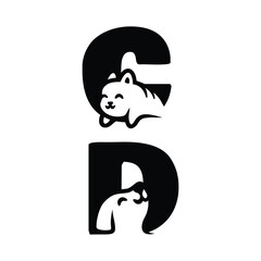 Isolated fun initial design logo of cat and dog with simple modern style