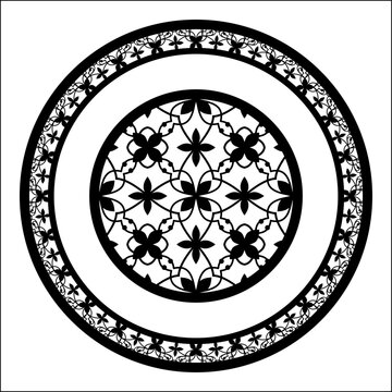 Vector floral monochrome classic ornament. Vintage design element in Eastern style. Ornamental  round lace tracery. Vintage pattern with arabesques. Vector