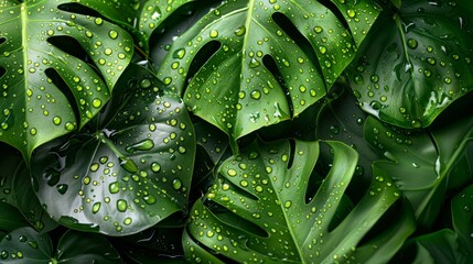 Fototapeta premium Close-up of lush green tropical leaves with raindrops for a vibrant natural background