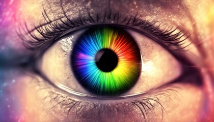Fototapeta premium Close up of a human eye with a vibrant rainbow iris. The eye is looking directly at the viewer