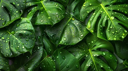 Fototapeta premium Close-up of lush green monstera leaves with raindrops for a tropical background