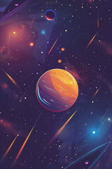 Fototapeta premium planet with shine stars and satelites around dark space background, orange, blue and purple, flat illustration