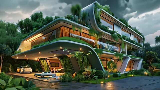 A modern house featuring a cutting-edge design and a vibrant green roof, Illustrating the balance between usability and security in technology