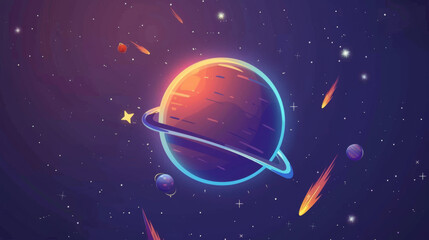 Naklejka premium planet with shine stars and satelites around dark space background, orange, blue and purple, flat illustration