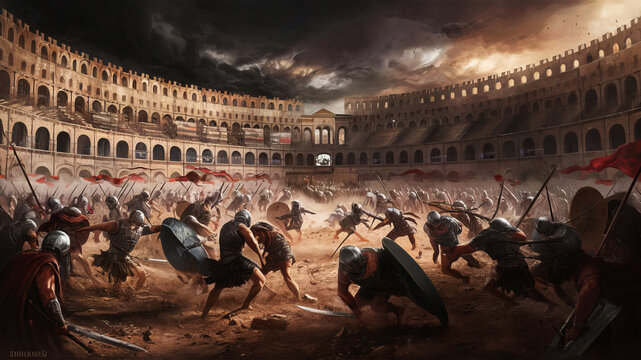 The painting reproduces the chaos of battle in an ancient arena.