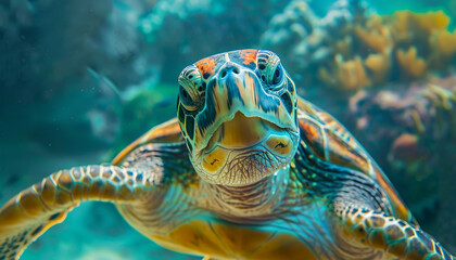 Obraz premium Write about a marine biologist who uses a portrait of a happy sea turtle to study the behavior and emotions of marine animals. What discoveries do they make, and how does the portrait contribute