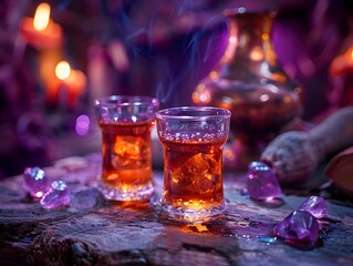 Fototapeta premium Mystical Witch s Lair with Bubbling Cauldrons and Enchanting Jelly Shots