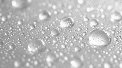 Fototapeta premium Close-up photograph capturing pristine water droplets delicately resting on a clear glass surface, creating a serene and reflective composition.