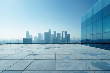 Fototapeta premium A city skyline with a large glass building in the background